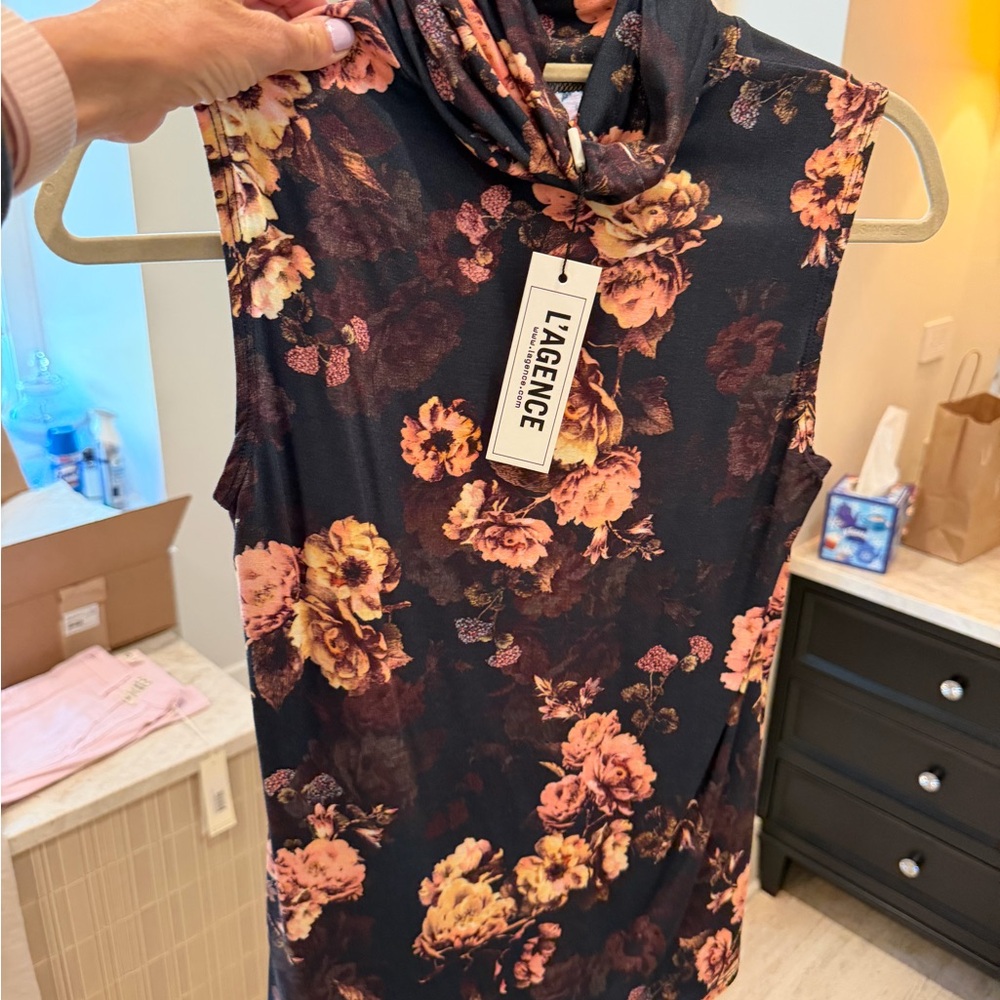 L'AGENCE Black Sleeveless Cowl Neck Top with Pink and Peach Floral Print